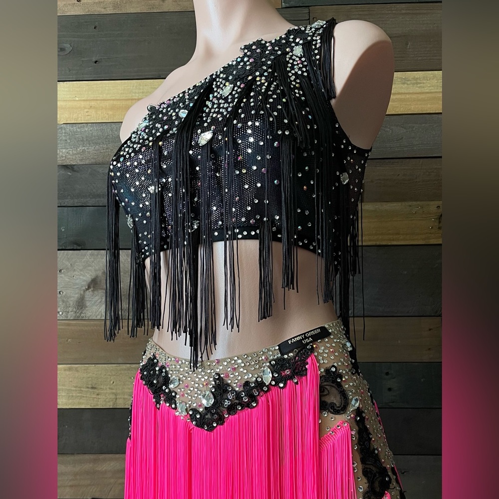 NEW Women Dance Fringe costume black hot pink